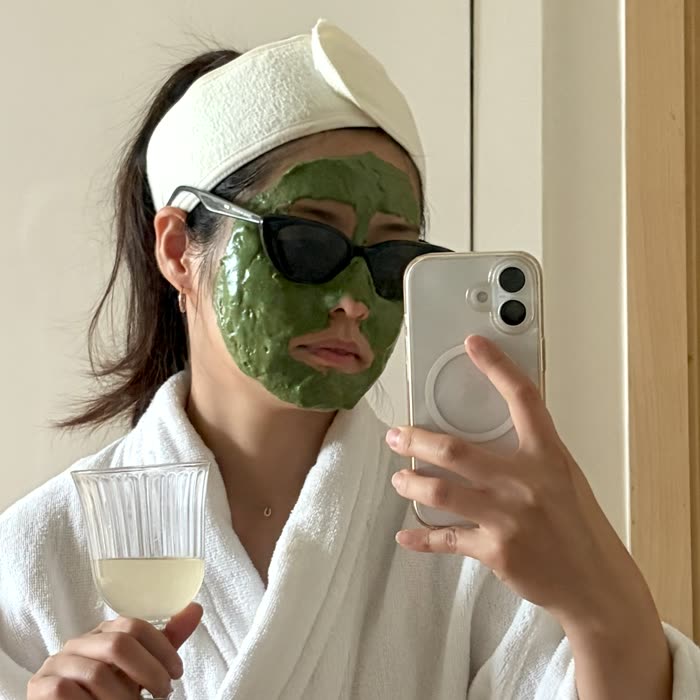 the founder of kasanok seoul at home, wearing the matcha cold-plunge mask